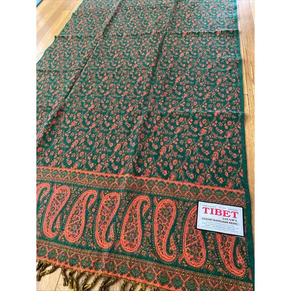 Tibet 100% Yak WOOL Green Orange Red Paisley Shawl Fringe 38" x 82" - NWT - Picture 6 of 14